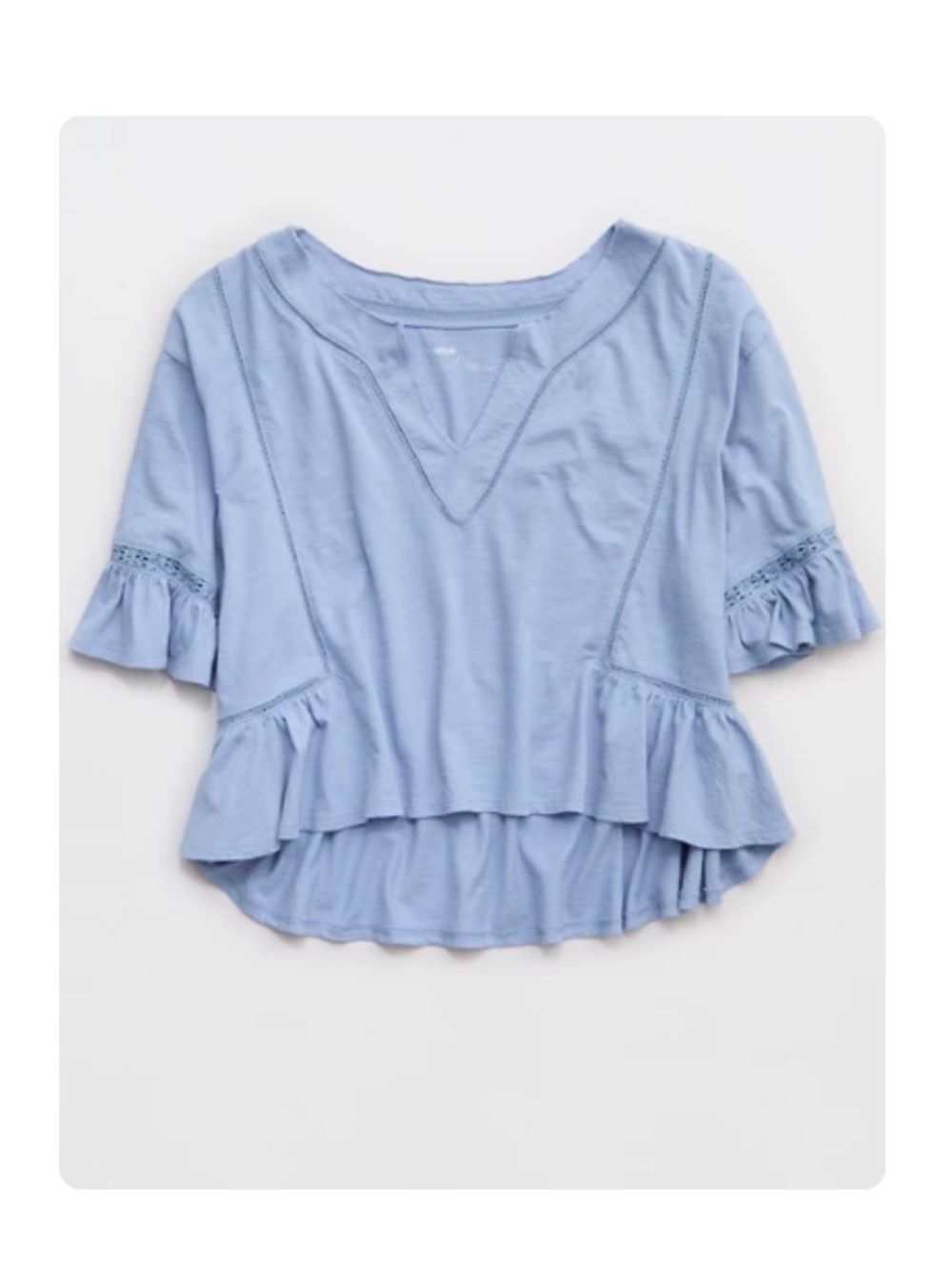 aerie Ruffled Cropped Notch Neck Top - Monaco Blue